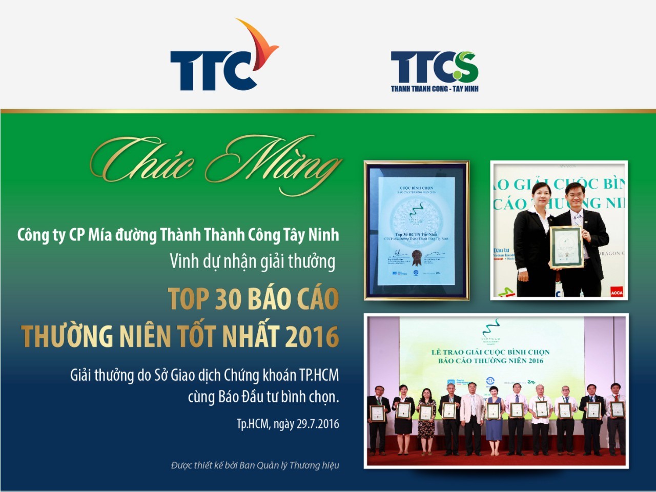 Chúc mừng TTCS vinh dự nhận Giải thưởng TOP 30 BÁO CÁO THƯỜNG NIÊN TỐT NHẤT 2016.